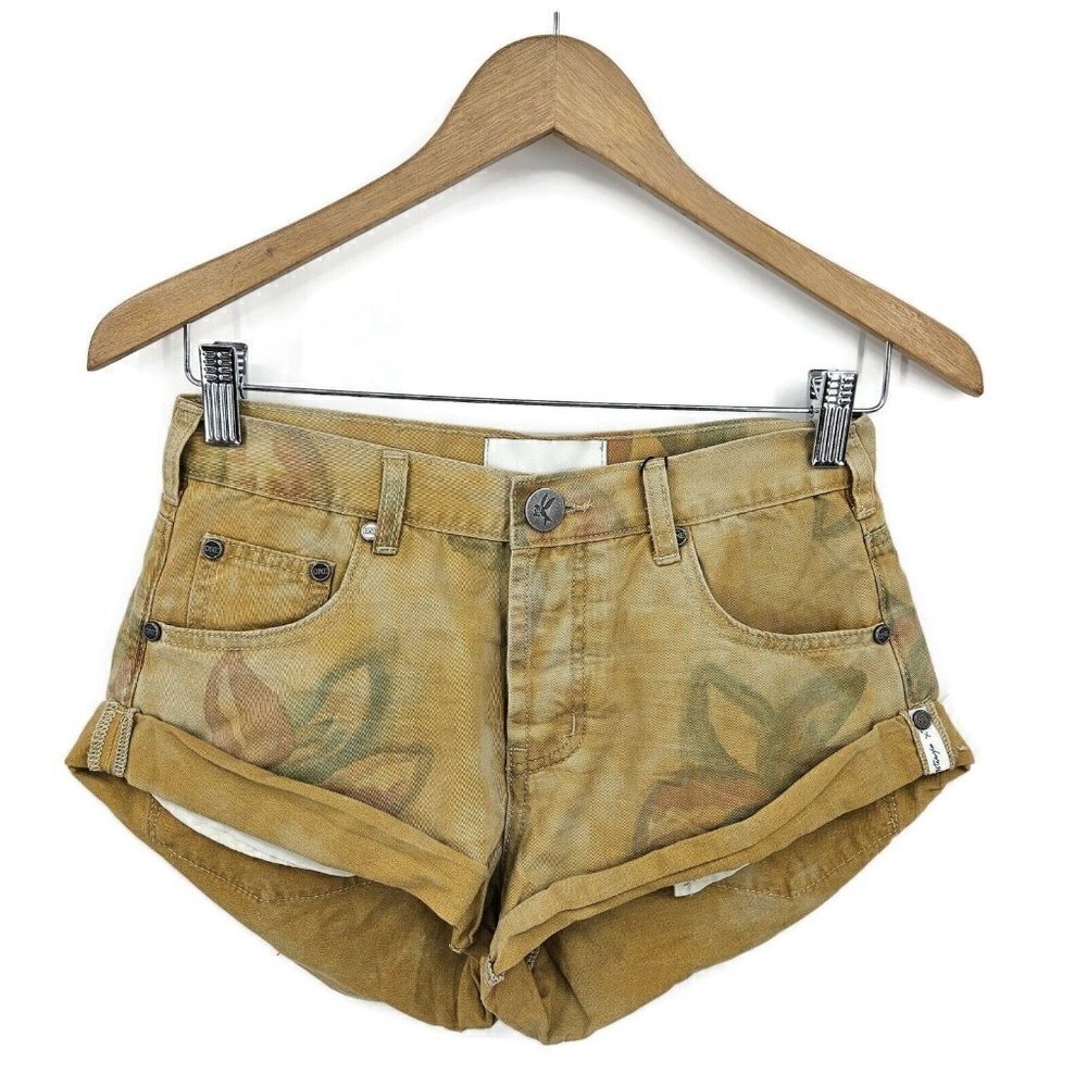 New One Teaspoon Tropical Bandits Shorts Womens 23 Mid Waist Denim Yellow - Picture 3 of 6